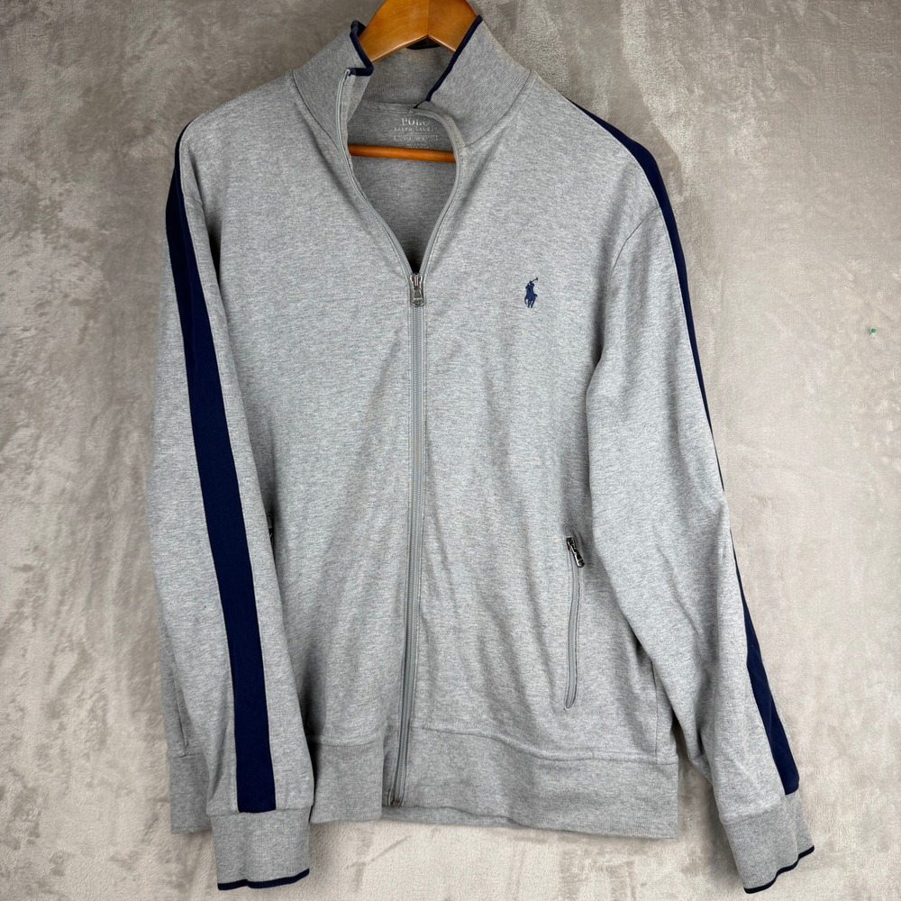 Polo Ralph Lauren Mens Large Grey Navy Stripe‎ Full Zip Track Jacket Mock Neck